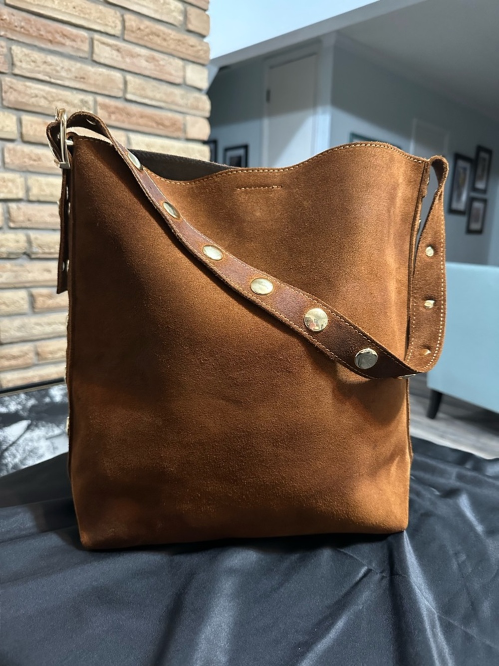 Suede Brown Tote Bag with Studded Strap